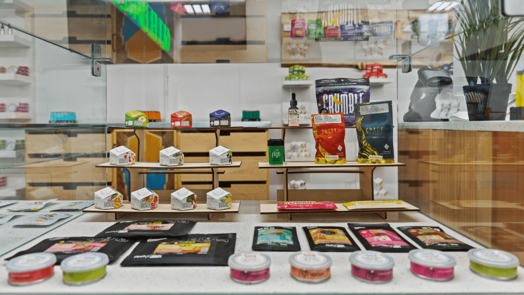display case of cannabis products