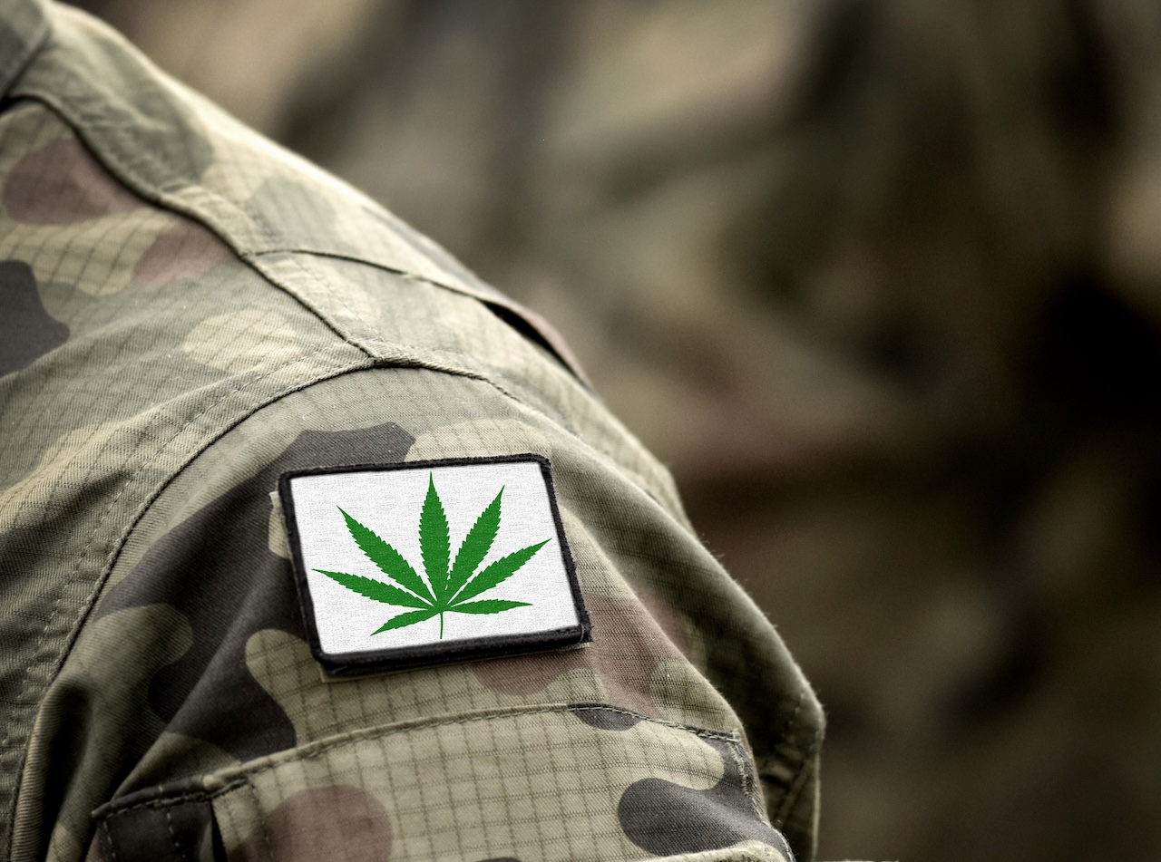 Cannabis leaf on military uniform. Flag with marijuana leaf. Cannabis legalization. Cannabis in Armed Forces.