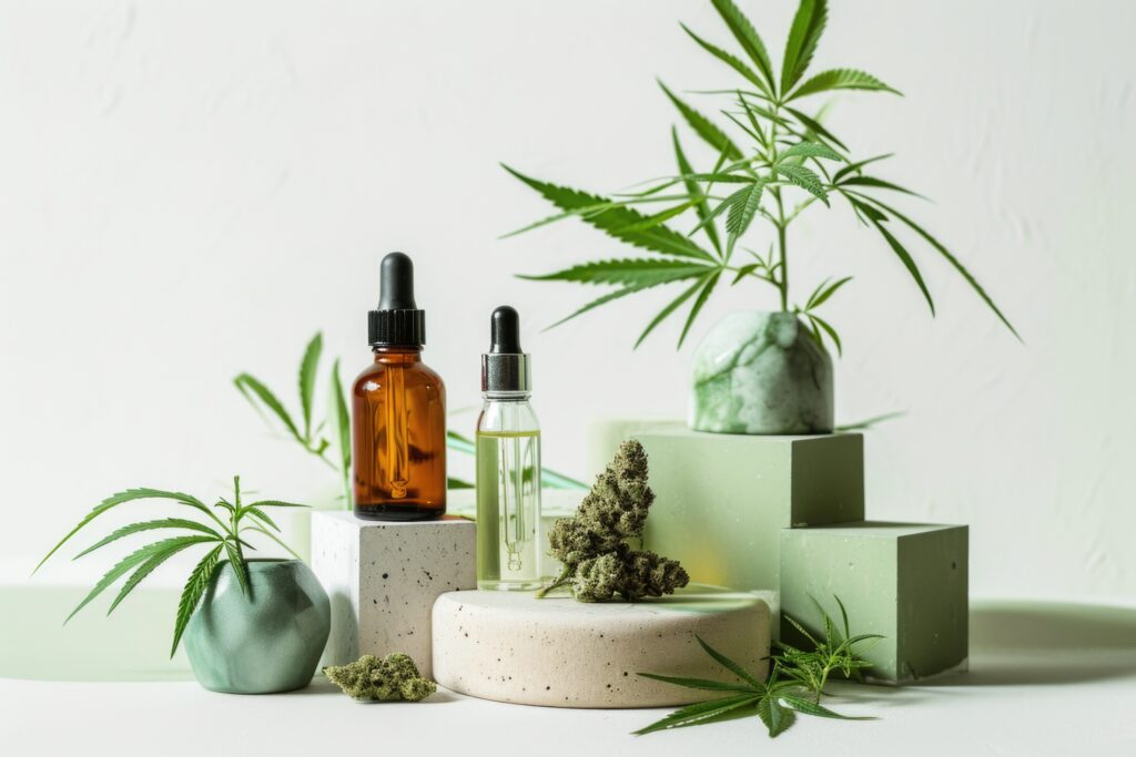 This is a minimalist image that features objects creating a composition likely related to cannabis and cannabis-based products. Two glass dropper bottles are visible, a design often used for oils, including hemp oil. They are located on stands of different shapes and colors. There are also two green cannabis leaves placed symmetrically relative to the bottles. The background of the image is white with geometric elements in green and neutral colors, which gives the composition a modern and clean look. --ar 3:2 --v 6 Job ID: 3d7695e5-e1a8-4d10-a491-d59e4dbfc75d