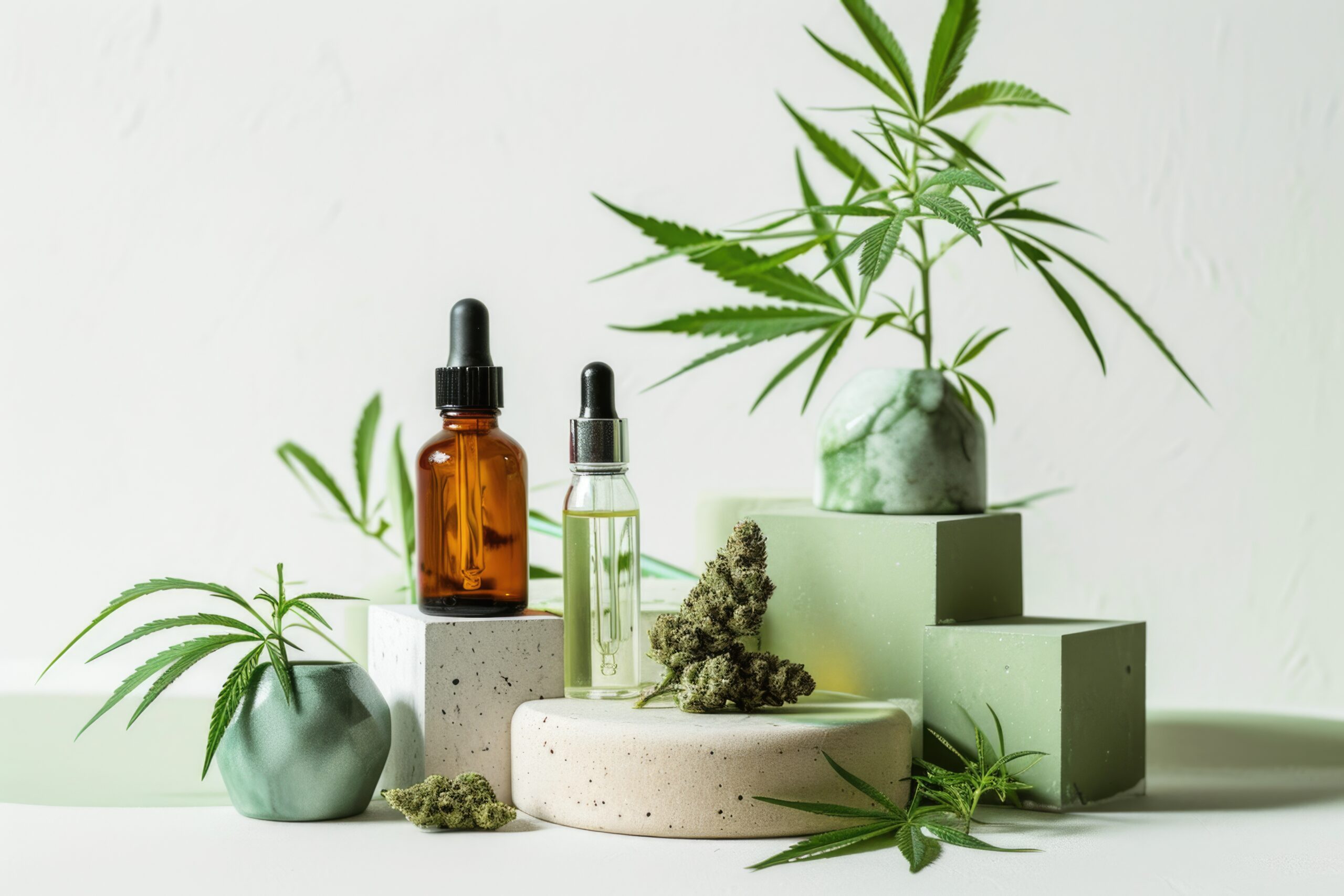 This is a minimalist image that features objects creating a composition likely related to cannabis and cannabis-based products. Two glass dropper bottles are visible, a design often used for oils, including hemp oil. They are located on stands of different shapes and colors. There are also two green cannabis leaves placed symmetrically relative to the bottles. The background of the image is white with geometric elements in green and neutral colors, which gives the composition a modern and clean look. --ar 3:2 --v 6 Job ID: 3d7695e5-e1a8-4d10-a491-d59e4dbfc75d